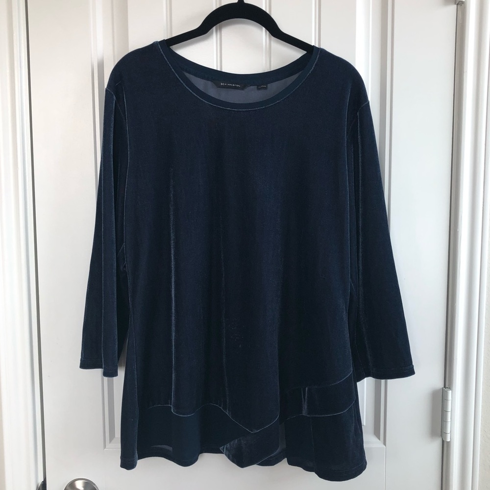 H for Halston navy velvety long sleeve top size M